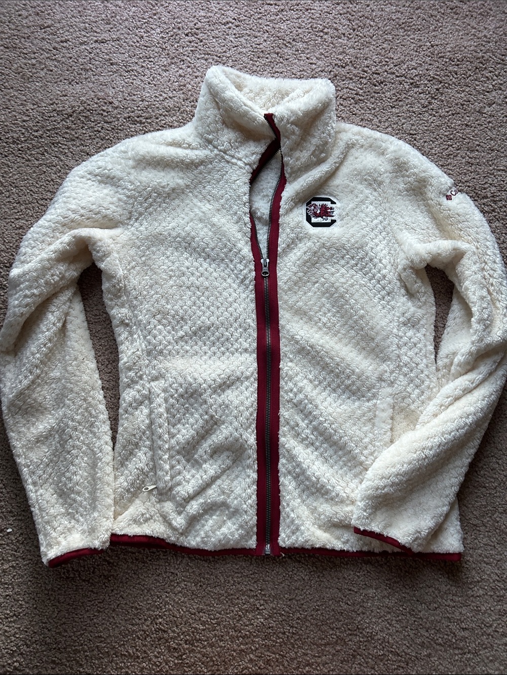 Columbia Cream Sherpa Jacket with Garnet Trim